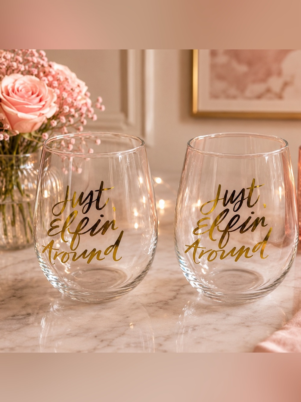 Stemless Wine Glasses - “Just Elfin Around” - Set of 2